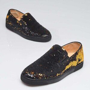 Christian Louboutin Black/Gold Sequin Boat Slip-On Sneakers Size 6.5/37
